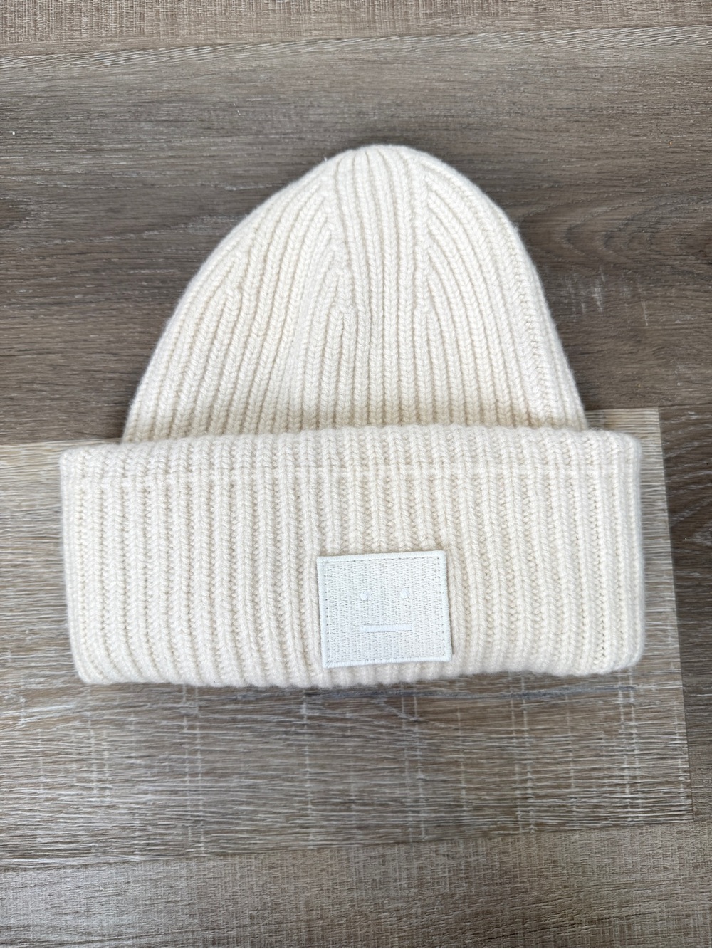 Acne Studios One Size Ivory Face Patch 100% Wool Ribbed Beanie Hat